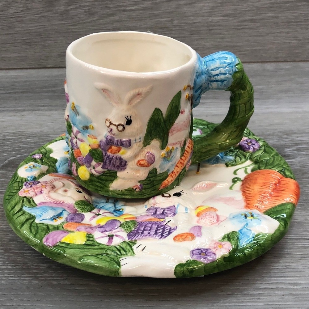 Bunnytail Lane Hand Painted Ceramic‎ Easter Bunny Mug and Saucer Set Spring 94